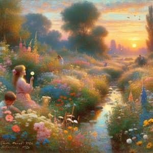 Serene Garden with Children: Impressionistic Landscape