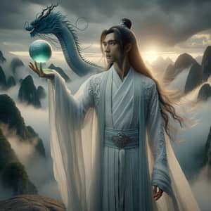 Celestial Chinese Man Summoning Dragon on Misty Mountain Peak