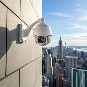 PTZ Camera Mounted on Urban Building Wall