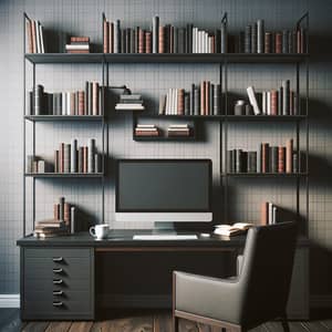 Dark Wood Table with Computer, Monitor, Books, and Tea Mug