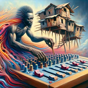 Surrealist African Man Manipulating Dilapidated Shacks | Afrofuturism Art