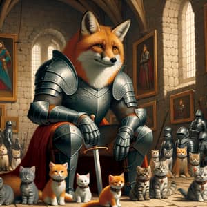 Ancient Castle with Fox and Kittens in Armor - Enchanting Scene