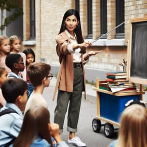 Female South Asian Teacher Teaching Diverse Students Outdoors