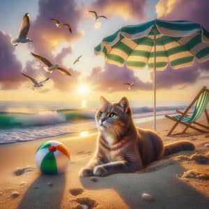 Relaxed Cat Enjoying Beach Sunset | Serene Feline Scene