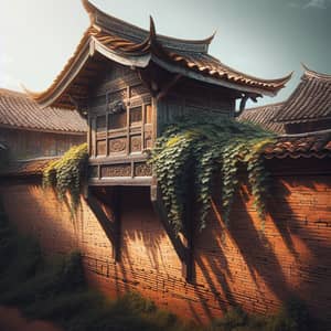 Aged Brick Wall with Vine and Traditional Wooden Roof