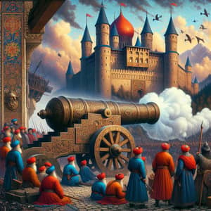 Mongol Troops with Turkish Cannon Attack Polish Castle