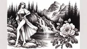 Botanical Ink Drawings of Beautiful Woman by Mountain River