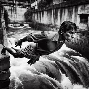 Intense South Asian Man Diving Scene | Vintage Black and White Photography