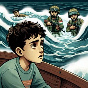 Emotional Scene: Young Boy in Boat Witnessing Soldiers Drowning