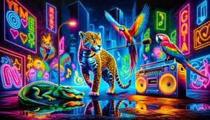 Vibrant Cityscape: Modern Graffiti Neon Music & Animals