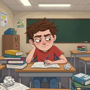 Frustrated Cartoon Student in School