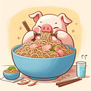 Pig Enjoying a Big Bowl of Noodles