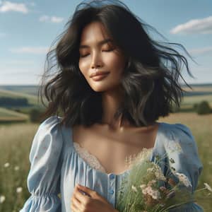 Serene South-Asian Woman in Blue Dress Enjoying Nature