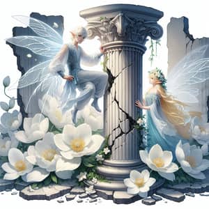 Enchanting Illustration of Blooming White Flowers with Elf Prince and Thumbelina