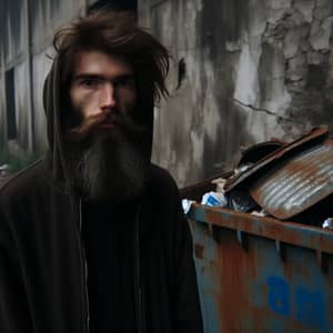 Homeless Person Standing Against Dusty Trash Can