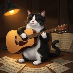 Adorable Tuxedo Cat Plays Guitar Melodies