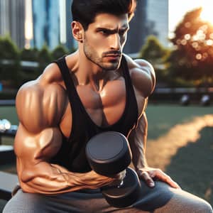 Urban Outdoor Workout: Muscular Mid-30s Man Lifting Dumbbells