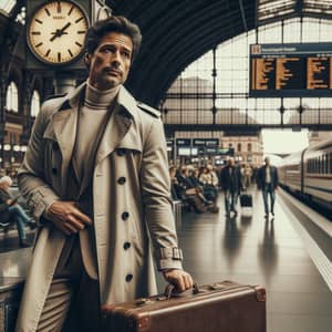 Middle-Aged Hispanic Man at Busy Railway Station