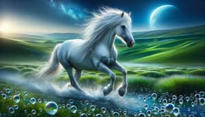 White Wild Horse Running Under Blue Moonlight