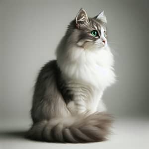 Fluffy White and Grey Domestic Cat with Green Eyes