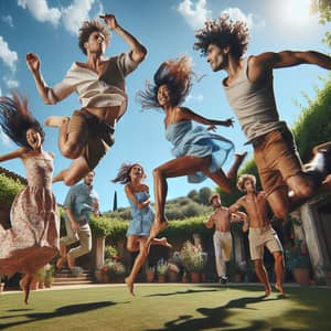 Joyful Garden Scene: Friends Leaping Under Clear Blue Sky