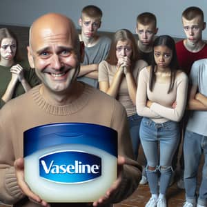 Young People in Circle with Smiling Bald Man Holding Oversized Vaseline Can