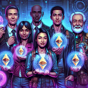 Futuristic Diverse Group Holding Ethereum Coins | Blockchain Tech