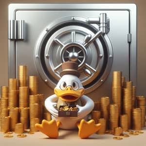 Cartoon Duck Character Amidst Gold Coins and Safe