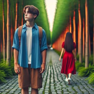 Solitary boy on cobblestone path with a concerned girl in red dress