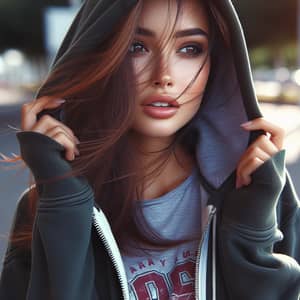 Engaging Hispanic Girl in Unzipped Hoodie and Shorts