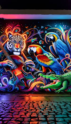 Modern Graffiti Art in Neon Colors: Pantanal Wildlife Scene