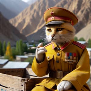 Vintage Soviet-Style Feline Portrait in Afghan Mountain Village