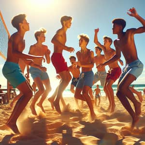 Diverse Group of Boys Enjoy Volleyball on Sunny Beach