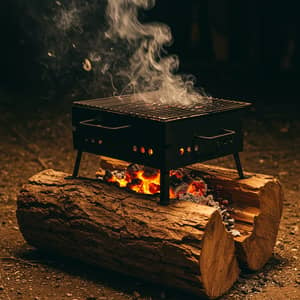 Smoking Grill on a Log of Wood