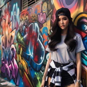 Urban Streetwear Fashion: Vibrant Graffiti Style by South Asian Woman