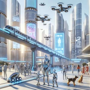 Futuristic Cityscape: Metallic Skyscrapers, Robots, and High-Tech Marvels