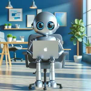 Cartoon-Style Robot Using MacBook in Serene Office Setting