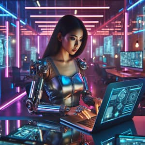 Futuristic South Asian Woman Working on Metallic Laptop