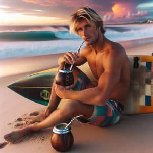 Blond Surfer Enjoying Yerba Mate on Beach | Sunset Relaxation