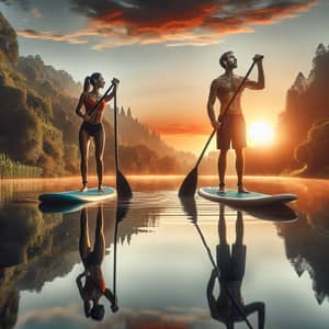 Tranquil Symmetry: Hispanic Female & Caucasian Male Paddleboarding