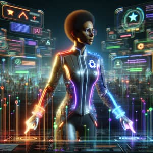 Futuristic Metaverse Reputation Defender | African Woman Modifying Data Streams