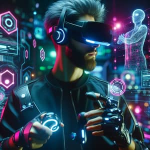 Cyberpunk Style Caucasian Male Gamer in Neon-Lit Metaverse