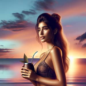 South Asian Woman Enjoying Yerba Mate at Sunset Beach