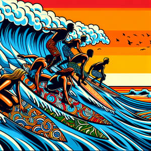 Multicultural Surfers Riding Gigantic Wave | Pop Art Style