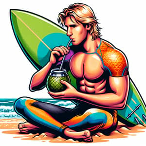 Caucasian Male Surfer Enjoying Yerba Mate on Beach | Surf Lifestyle