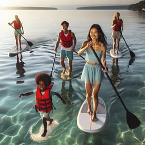 Diverse Group Enjoying Paddleboarding on Tranquil Lake