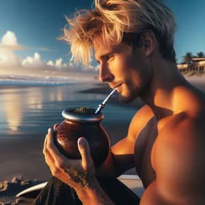 Caucasian Surfer Enjoying Yerba Mate on Beach