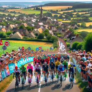 Tour de France Cyclists Racing in Diverse Group | Rural Landscape Views