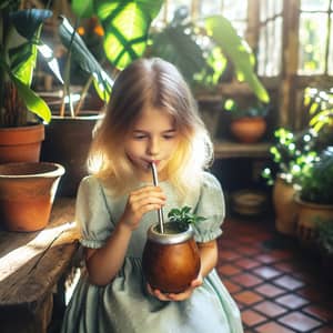 Young Caucasian Girl Enjoying Yerba Mate in Sunlit Greenery