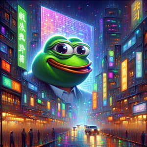 Anthropomorphic Frog in Digital Metropolis - Cyberpunk Artwork